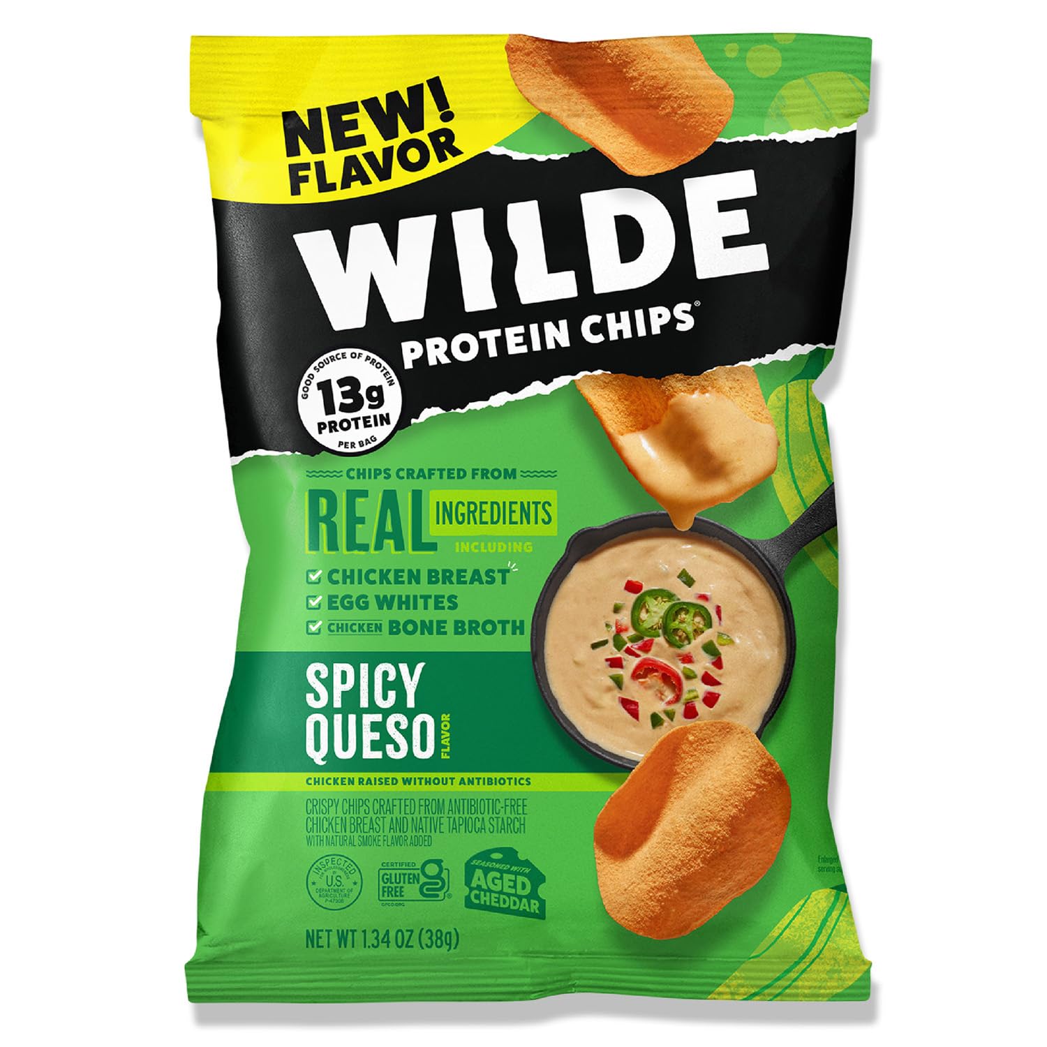 Wilde Spicy Queso Protein Chips, Thin And Crispy, High Protein, Keto Friendly, Made With Real Ingredients, 1.34Oz Bags (Pack Of
