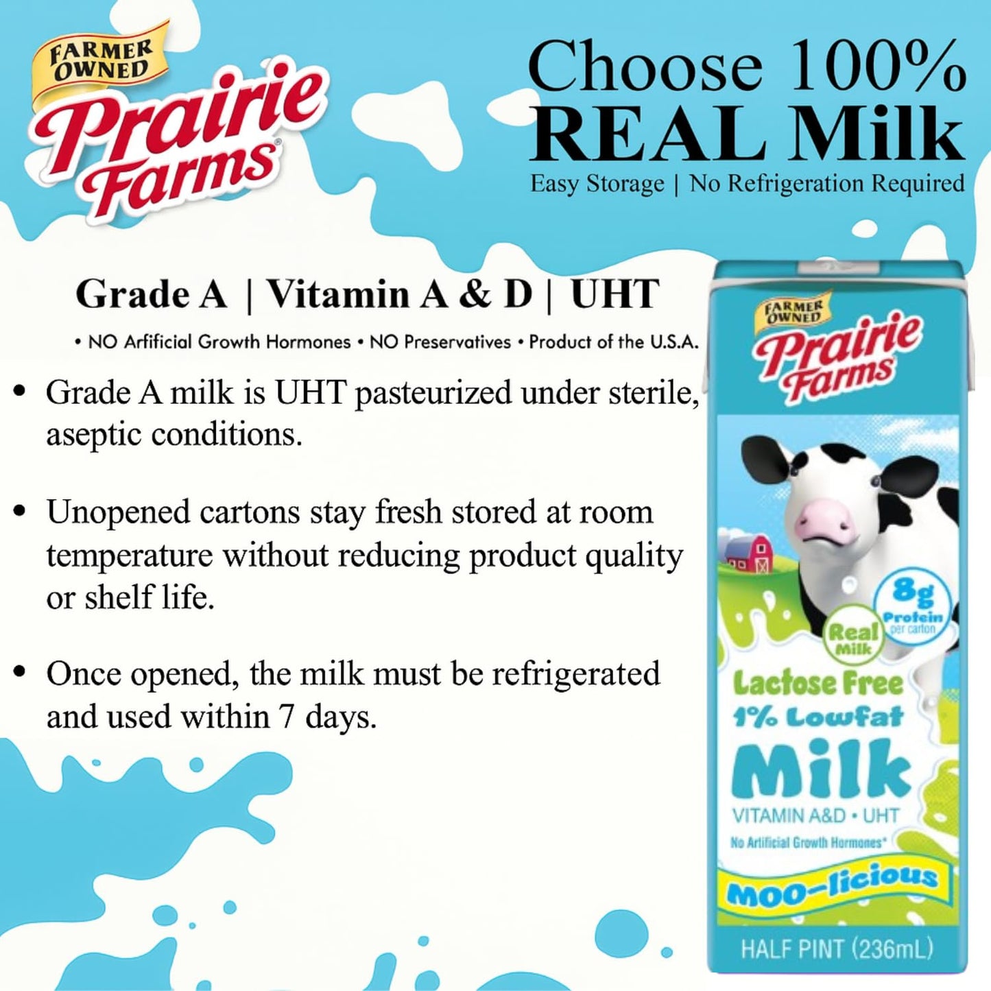 Prairie Farms Lactose Free Milk  Shelf Stable 1% Low Fat Milk Boxes Vitamin D  Gluten Free  Ultra Pasteurized (UHT)  Kosher - 8oz. (27 Pack)