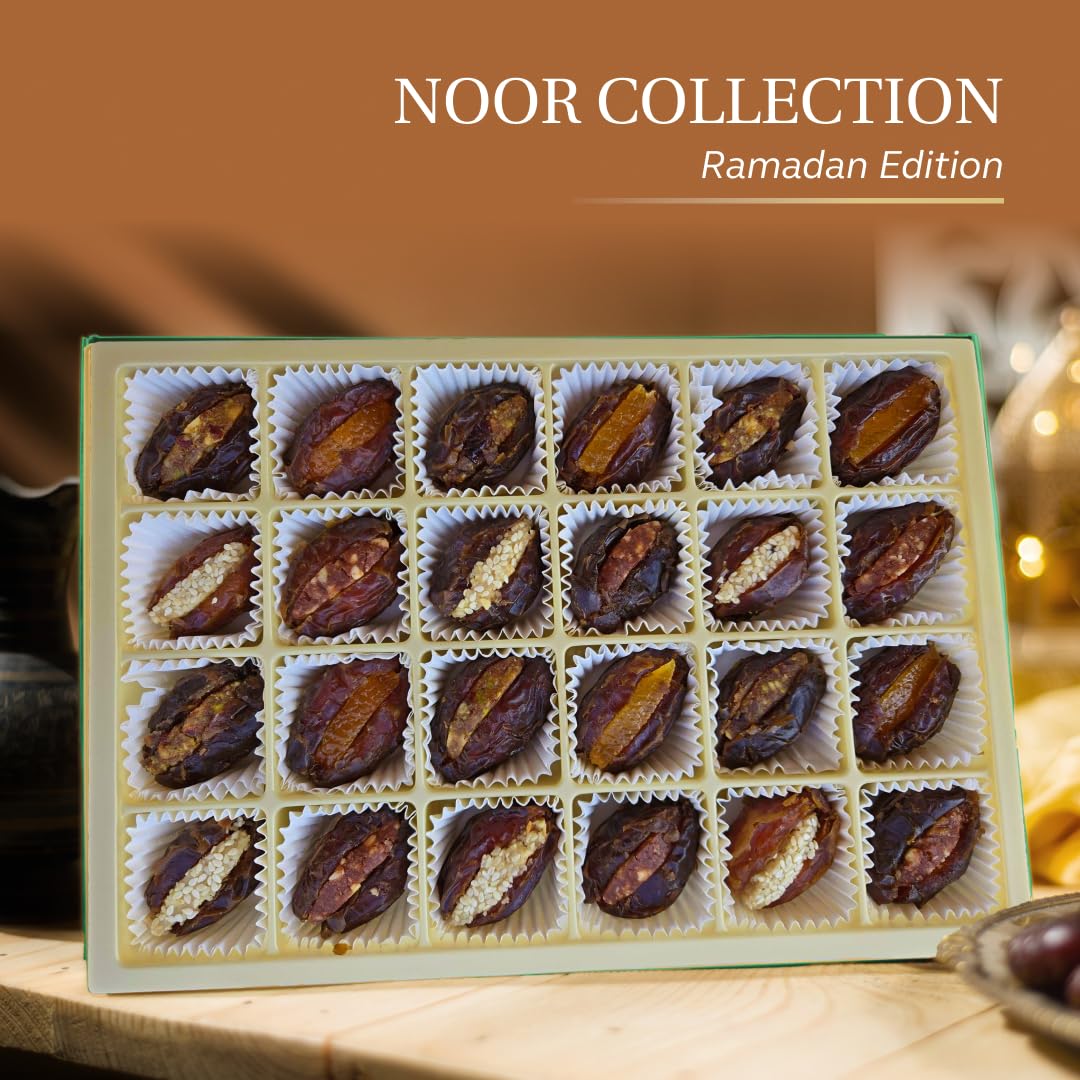 Laumiere Gourmet Fruits - Noor Collection [Ramadan Edition] - Rectangle (24 Pcs) - Halal Dried Fruits And Nuts Basket - Medjool
