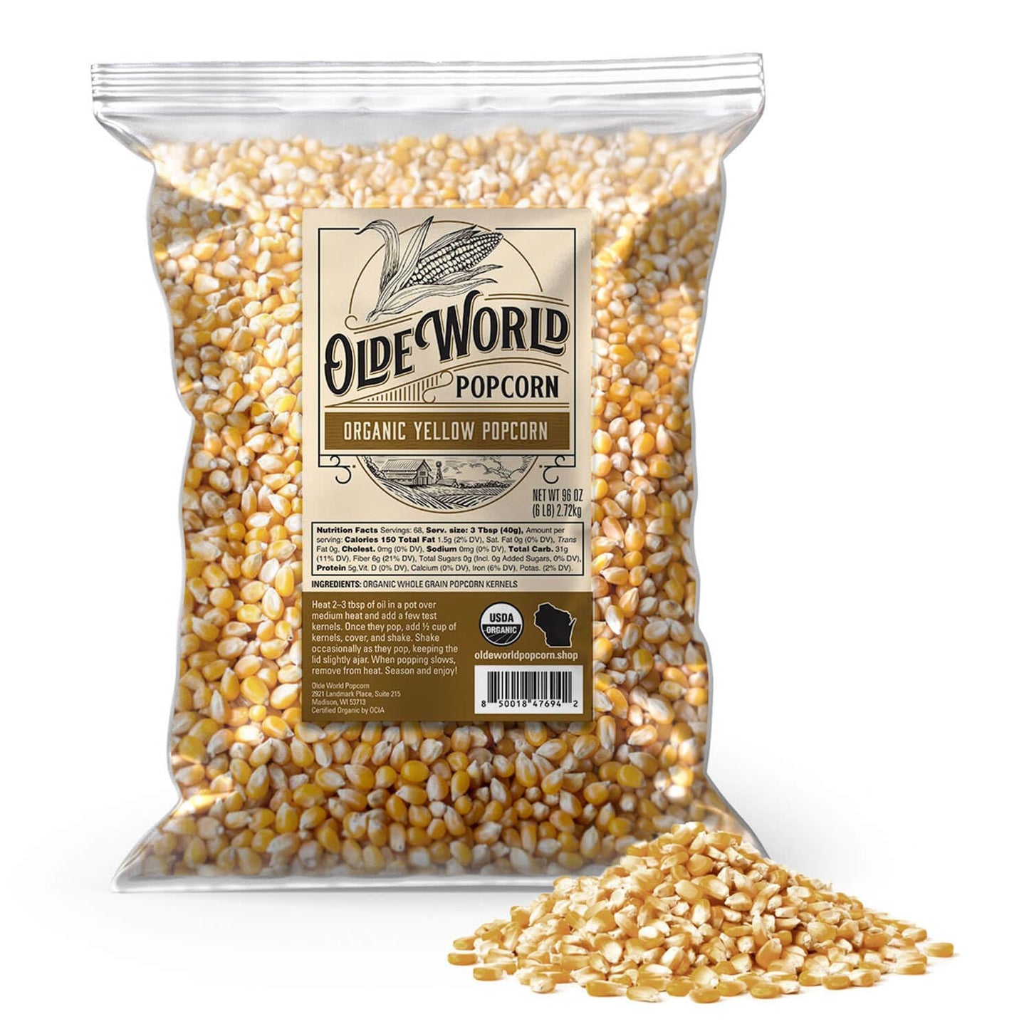 Organic Yellow Popcorn Kernels 6 Lb Bag, Non-Gmo & Gluten Free, Sodium-Free, Pesticide-Free, Unsalted, Plant-Based, Sugar-Free, Old Fashioned Regenerative-Farmed Large Popcorn From Olde World Popcorn