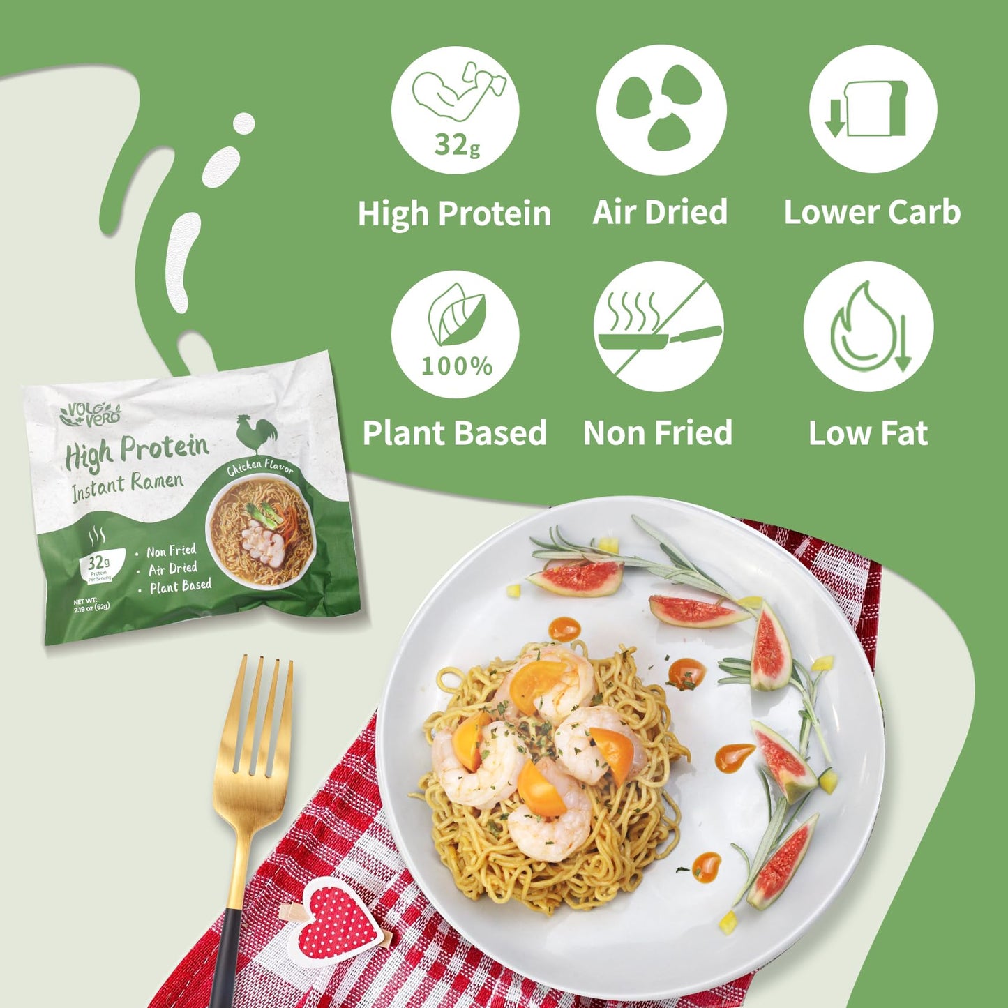 Volo Vero High Protein (32G) Instant Ramen Chicken Flavor Noodles Soup, Plant-Based, Air-Dried, Non-Fried, Low Carb, Egg-Free, R