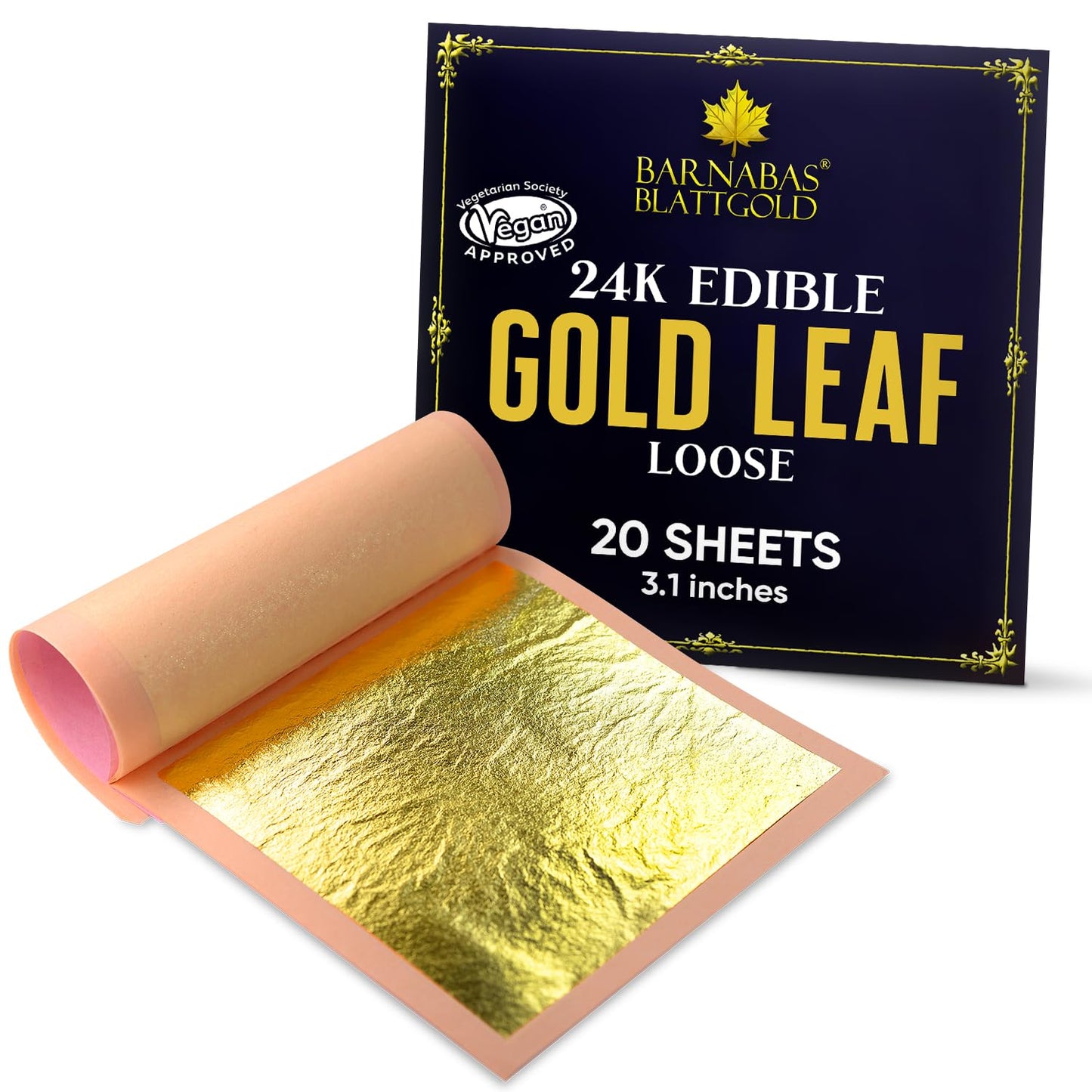 Barnabas Blattgold Edible Gold Leaf 24K - Cake Decorations  Loose Gold Leaf Sheets for Cupcakes - 3.1 inches  Book of 20