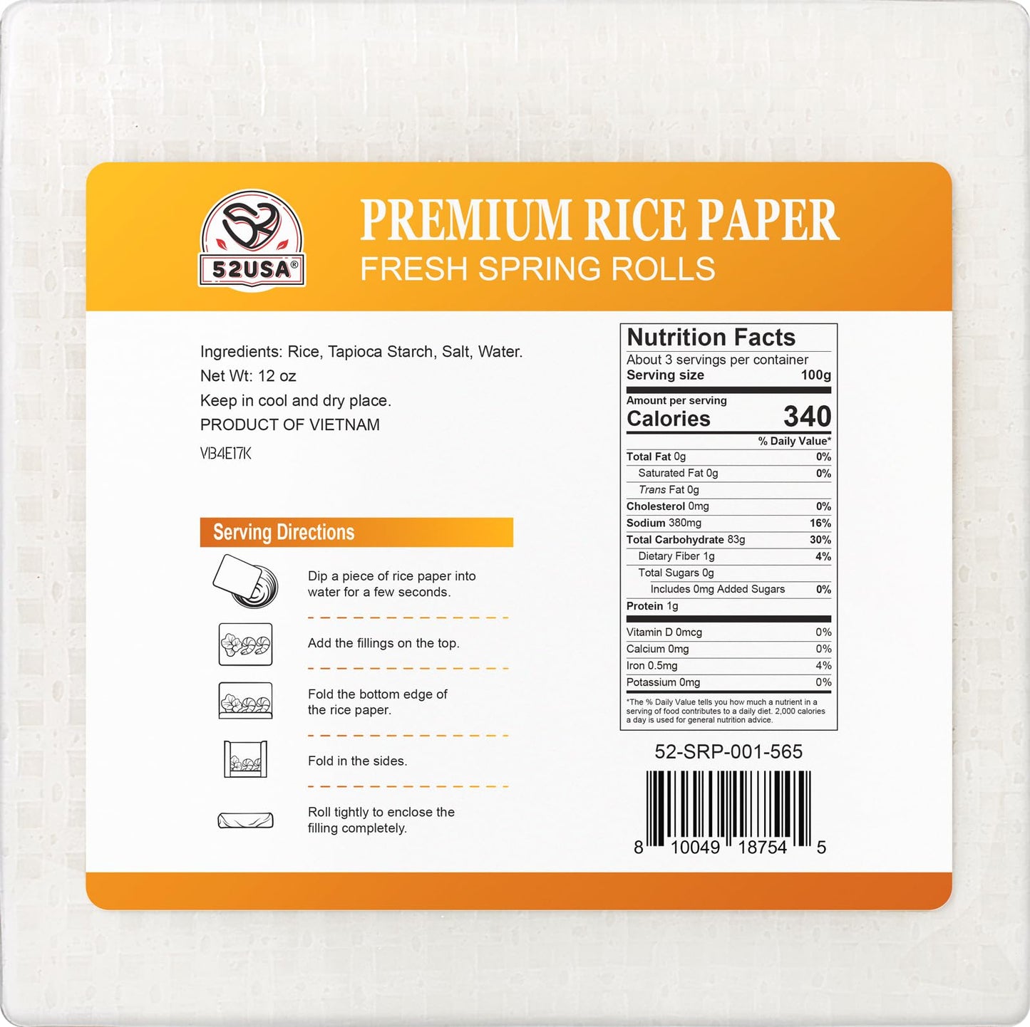 52Usa Square Rice Paper, 1 Pack, White Rice Paper Wrappers, Fresh Spring Roll Wrappers & Dumplings-34 Sheets, Gluten-Free Wonton