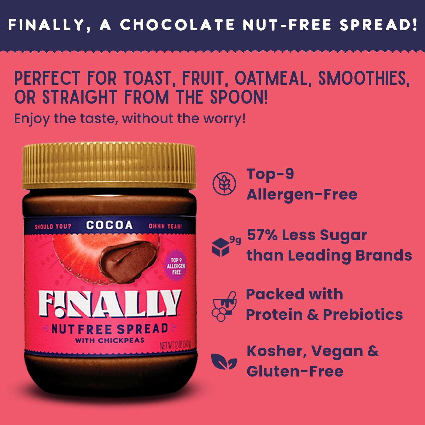 Finally Nut Free Cocoa Spread - Less Sugar Than Leading Brands - Made with USA-Grown Chickpeas, Plant-Based, Vegan, Top-9 Allerg