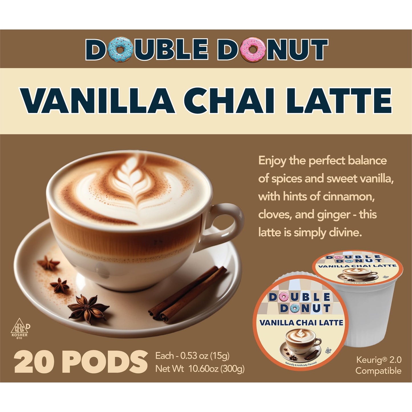 Double Donut Vanilla Chai Tea Latte Pods - Smooth & Creamy Chai Latte With Vanilla Flavor - Compatible With Keurig Chai Latte K Cup Beverage Makers  20 Count