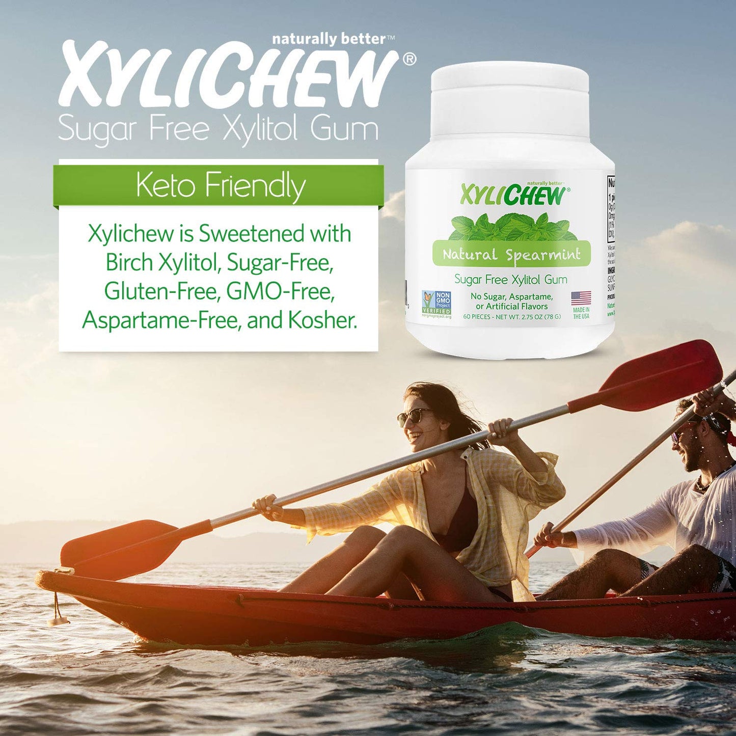 Xylichew Spearmint Xylitol Chewing Gum - Non GMO, Sugar Free - 60 Count