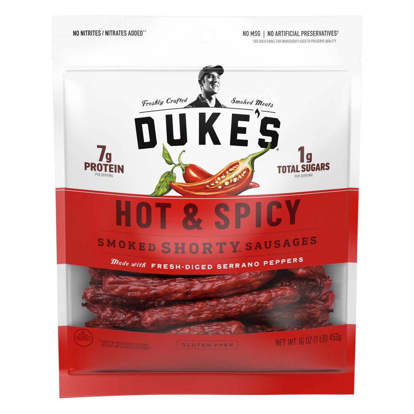 DUKES Pork Hot & Spicy Smoked Shorty Sausages, 7g Protein, 16 oz.