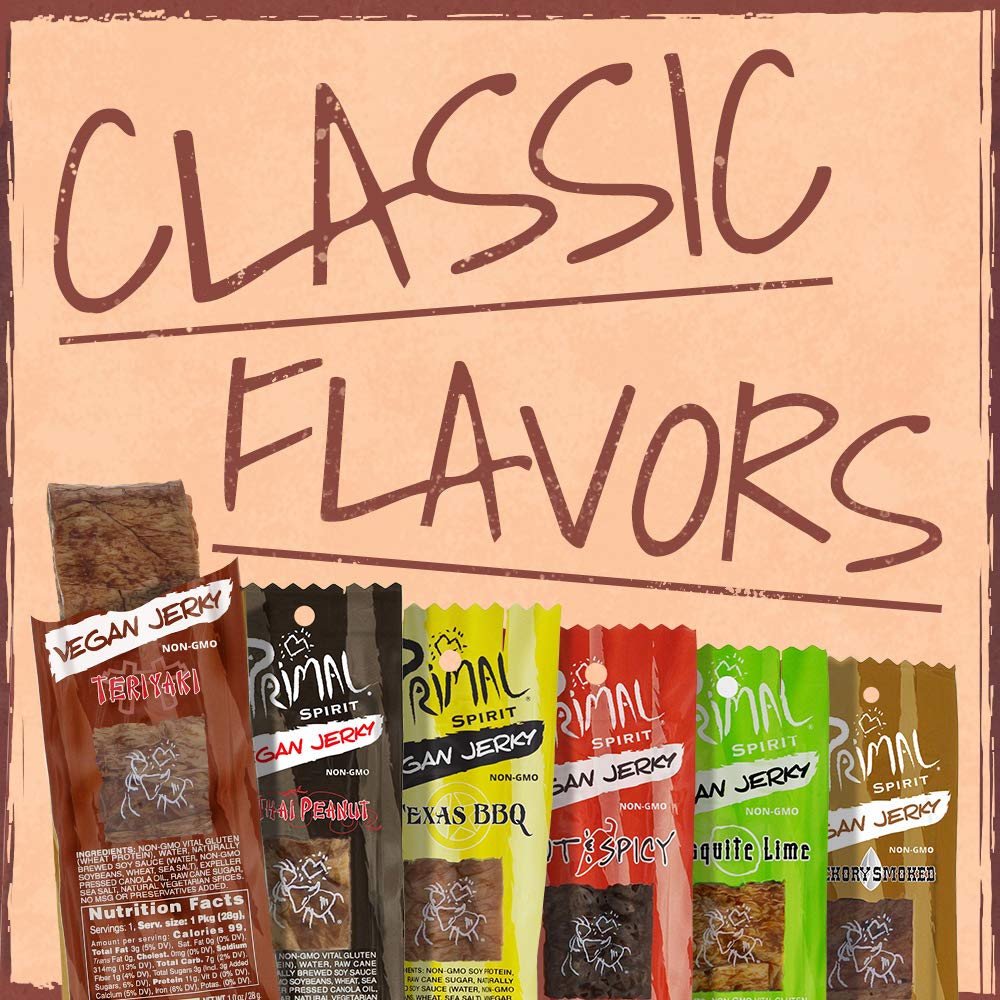 Primal Spirit Vegan Jerky - Classic Flavor, Teriyaki, 10 g Protein, Non-GMO, 12 Pack, 1 oz