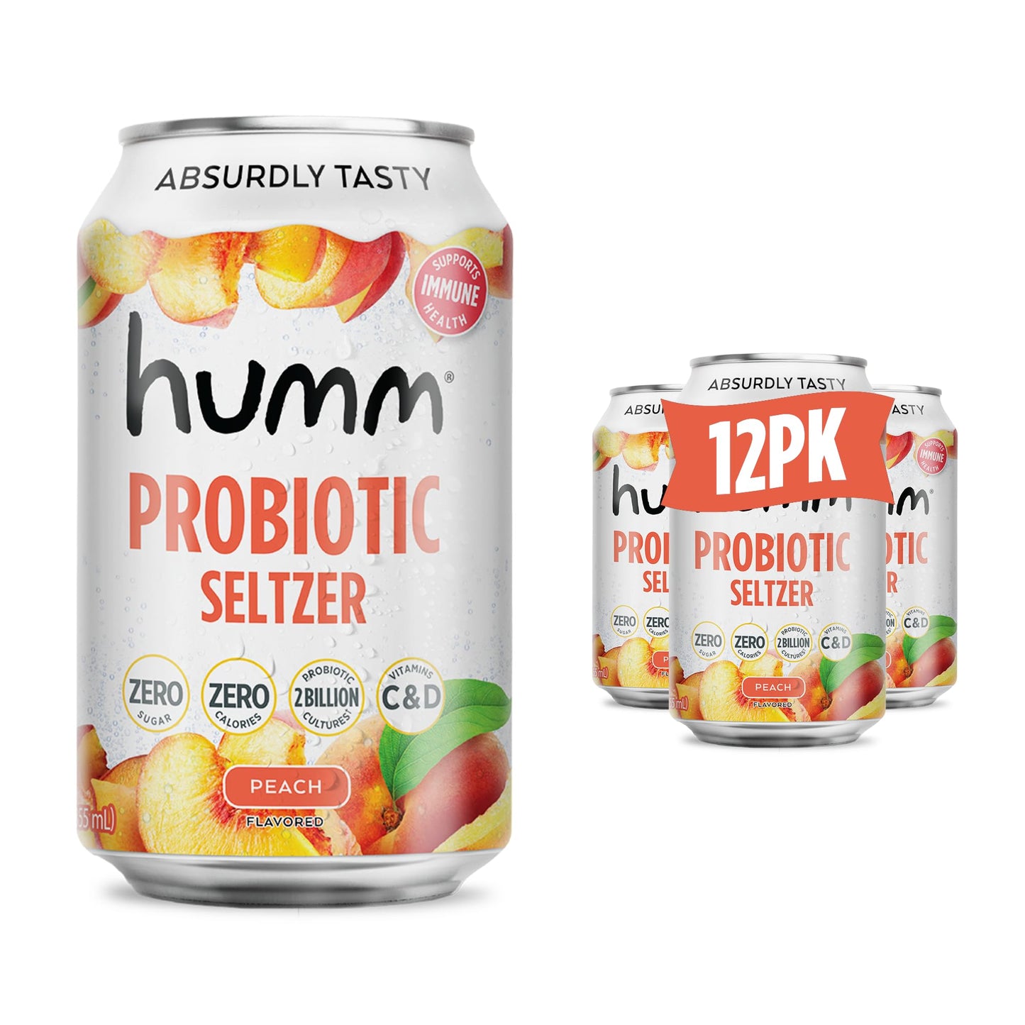 Humm Peach Sparkling Water - Zero Sugar, Probiotic Drink - 12 Fl Oz (Pack of 12)