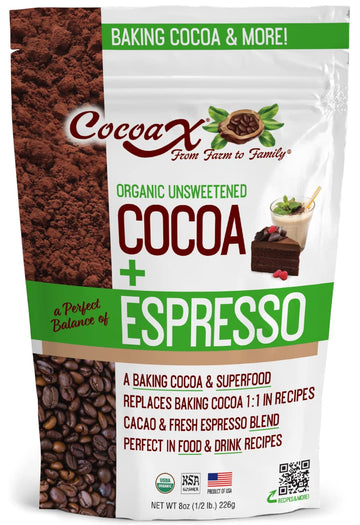 Organic Raw Unsweetened cocoa + Espresso Powder - 8oz Non-gMO Kosher Ideal for Baking Smoothies coffee (chocolate and Espresso 8