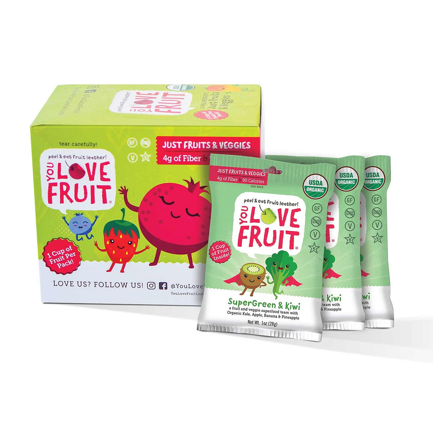 You Love Fruit - Supergreen & Kiwi All Natural Fruit Snacks  Healthy Snack Pack  Real Fruit! Gluten Free  Non Gmo  Vegan  Fiber Packed  Low Fat  Kosher  Variety Pack  Great For Adding To Gift Box  1.0 Oz (Pack Of 12)