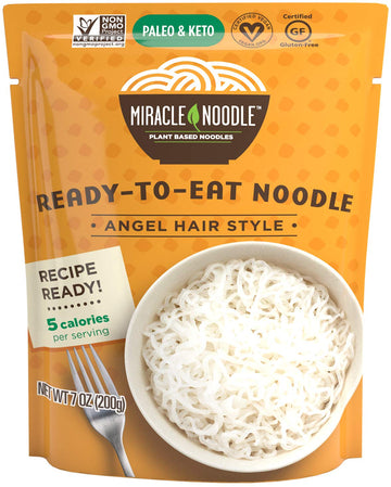Miracle Noodle Angel Hair Pasta - Ready To Eat Shirataki Noodles, Konjac Noodles, Vegan, Gluten-Free, Low Carb Pasta, Paleo, Low Calorie Noodles, Soy Free, Non-Gmo, Keto Pasta Noodles - 7 Oz, 6-Pack