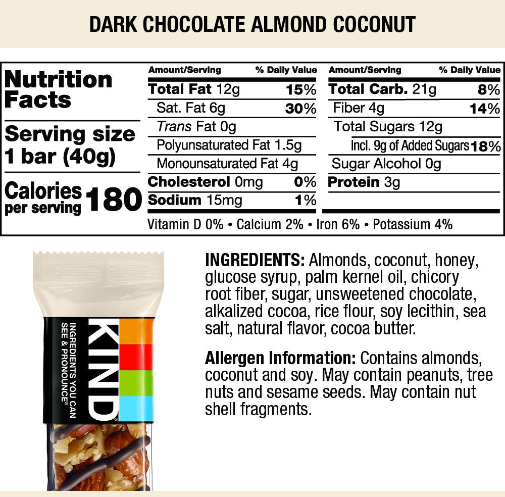 KIND Dark Chocolate Almond Coconut Bars, Low Glycemic Index, Gluten Free Snacks, 1.4 OZ, (60 Bars)