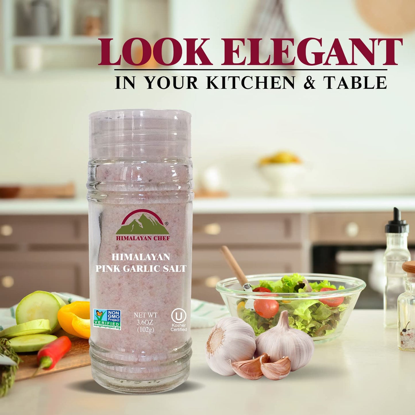 Himalayan Chef Himalayan Pink Garlic Salt, 3.6 Oz Grinder, Natural Seasoning, Clear