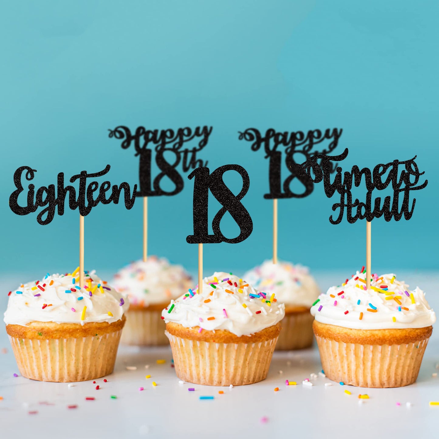 Cyodoos 24Pcs 18th Birthday Cupcake Toppers, Black Glitter, Small, Paper, Model S-PL-8726