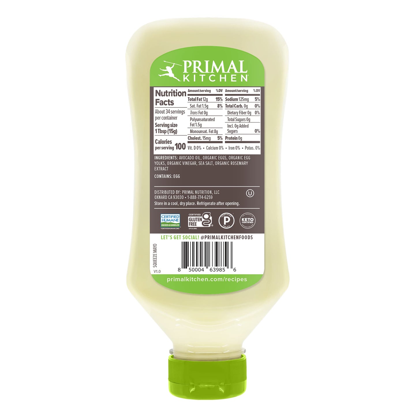 Primal Kitchen Original Mayo with Avocado Oil, 17 oz Squeeze Bottle, White