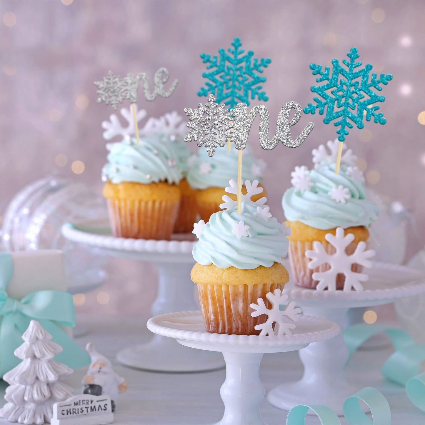 Gyufise 24 Pack Snowflake One Cupcake Toppers Blue Silver Glitter Snowflake Cupcake Pick Decorations For Winter Onederland 1St B