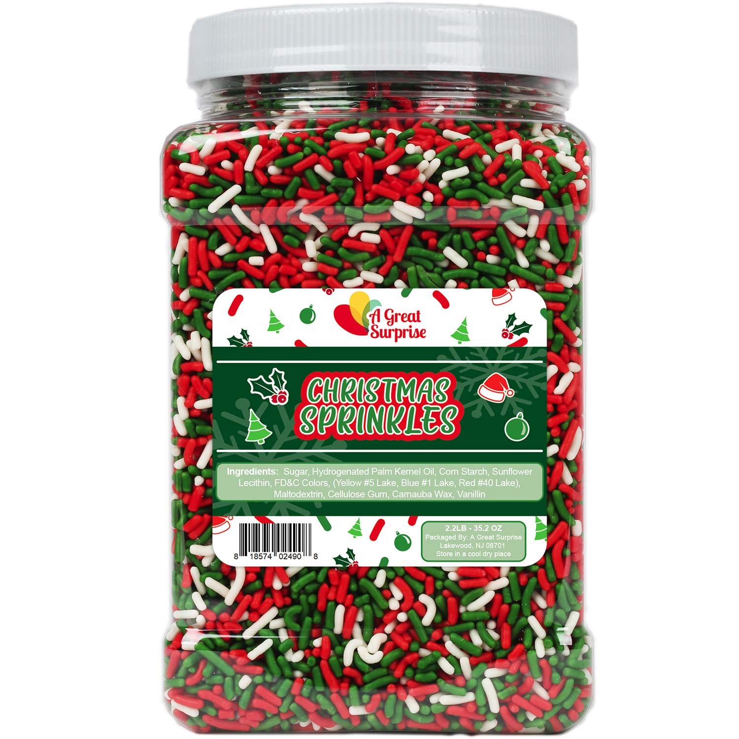 Christmas Sprinkles Bulk - 2.2 LB - Xmas Tree Jimmies - Red, Green & White Confetti for Dessert Decorating - Holiday Baking Topp