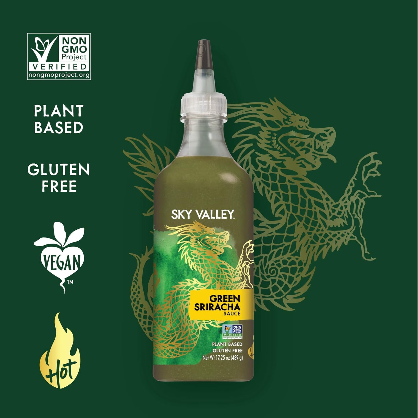 Sky Valley Green Sriracha Sauce - Hot Sauce, Lime, Jalapeo Pepper and Cilantro, Gluten Free, Vegan, Non-GMO, Low Sugar, 5 Calori