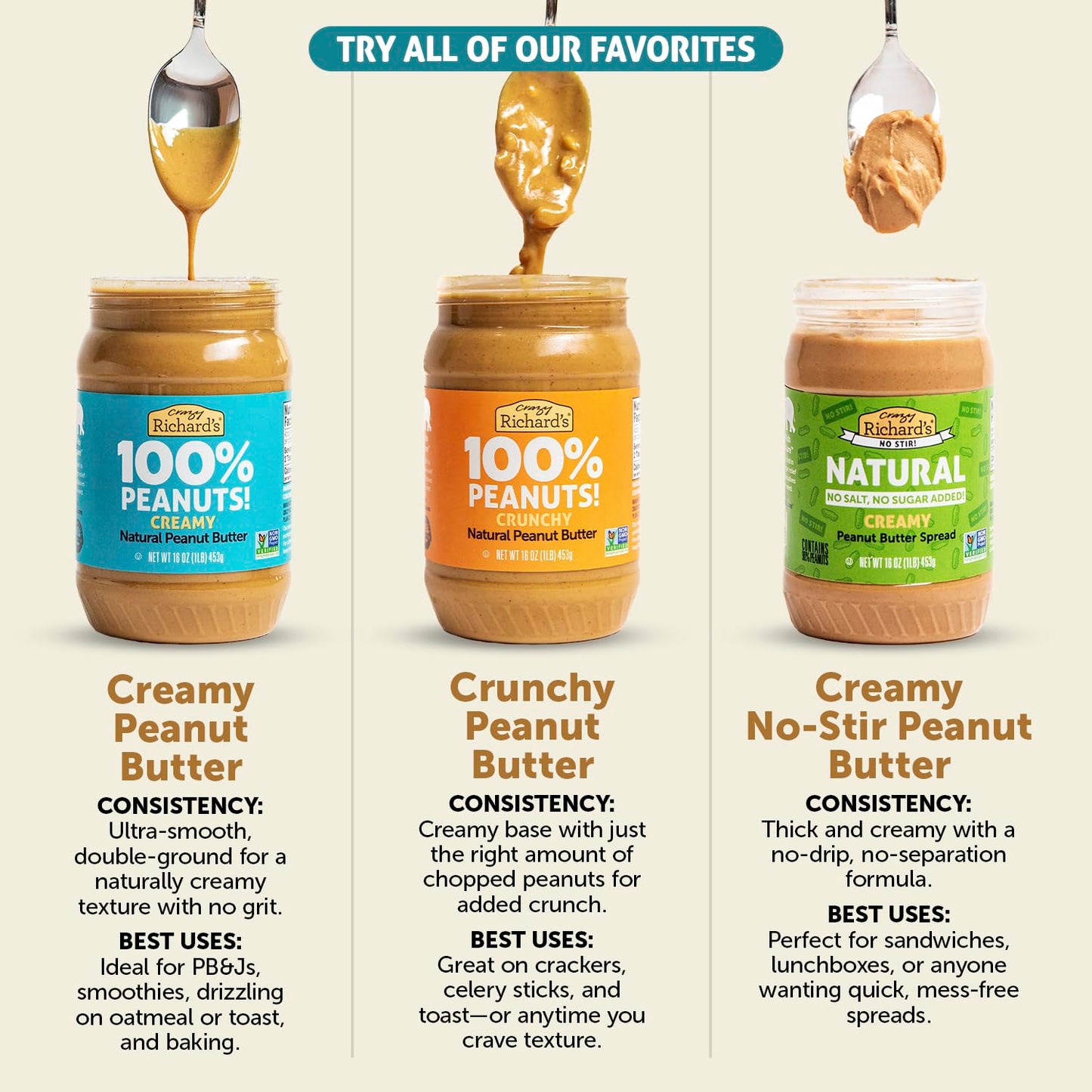 Crazy Richards 100% All-Natural Vegan Creamy & Crunchy Peanuty Butter with No Added Sugar and Non-GMO Variety Pack (16 Ounce  Pack of 4)