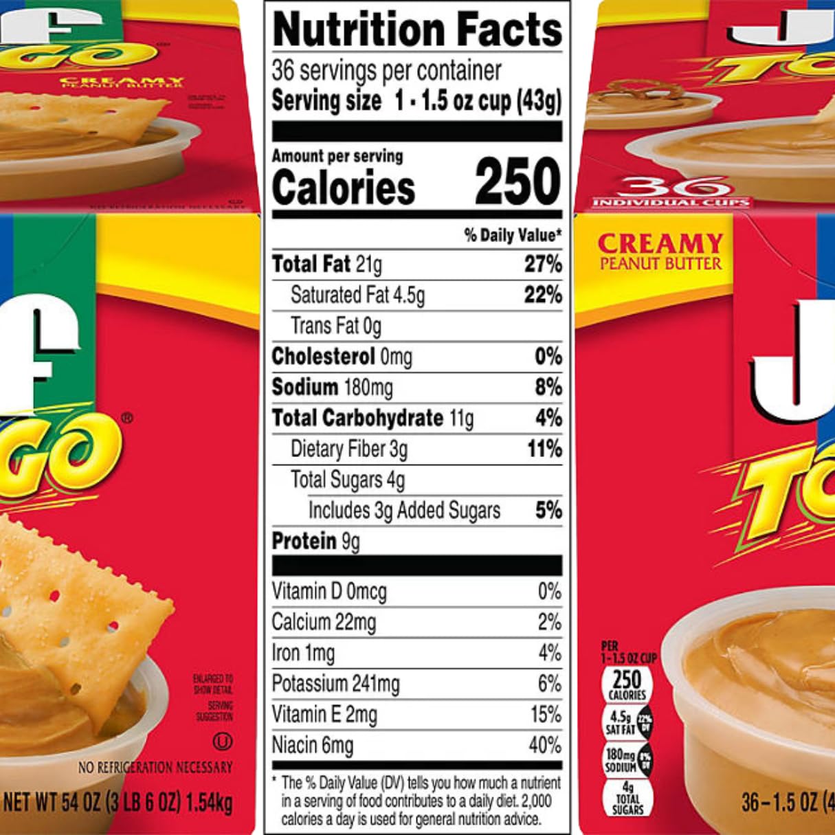 JIF To Go Creamy Peanut Butter Cups, Organic, 36 Count