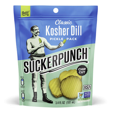 Suckerpunch Classic Dill Pickle Chips, Snack Pack, Gluten Free, Kosher, Sugar Free, Low Calorie, Low Carb, Ready To Eat, On The Go, Non Gmo, Keto Friendly, Vegan, 3.4 Oz, Single Serve Pouch (12 Pack)