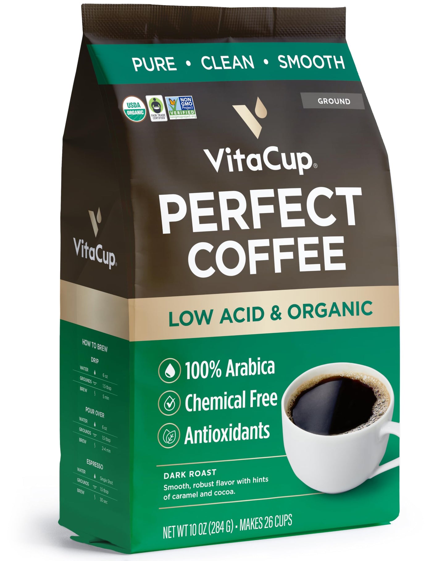 VitaCup Perfect Low Acid Coffee Ground  USDA Organic & Fair Trade  Mycotoxin Free  Dark Roast Guatemala Single Origin  Clean & Pure for Drip Coffee malt-inspired and French Press  10 ounces