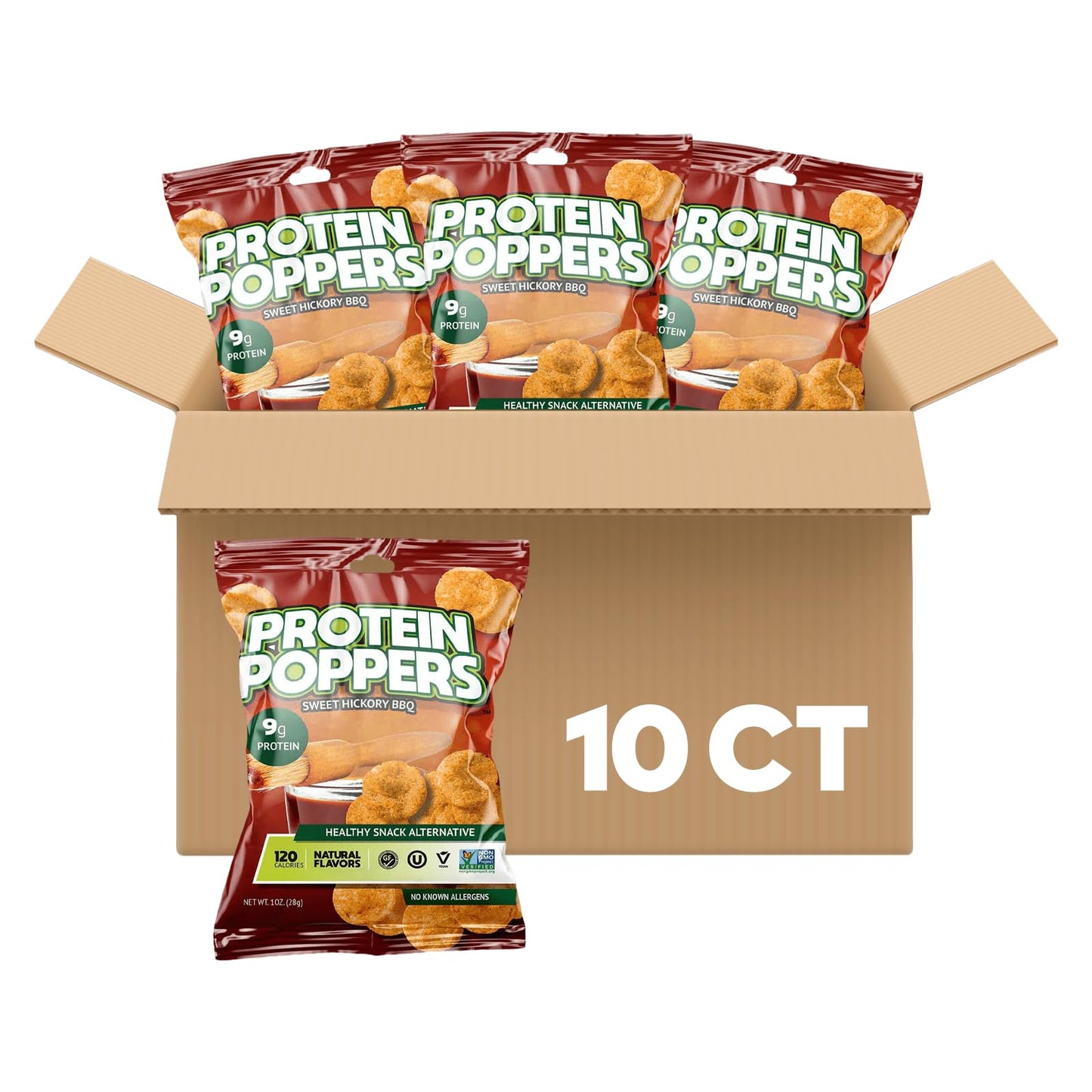 Protein Popper Chips, Gluten Free, Low Carb, High Protein Snack, Sweet Hickory BBQ, 1 oz, 10 Count