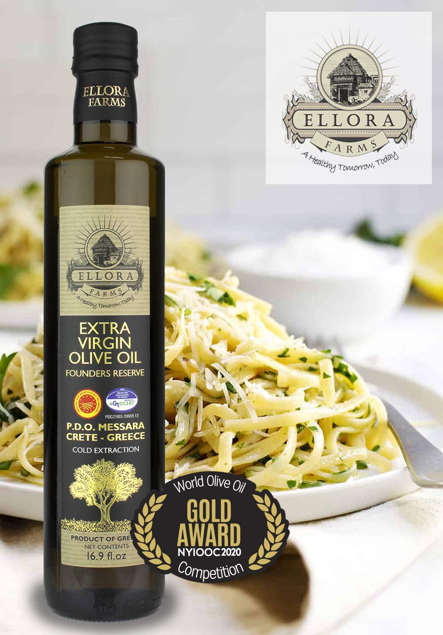 Ellora Farms, Greek Extra Virgin Olive Oil, Single Estate Pdo Messara, Greece, Non Gmo, Cold-Pressed, Polyphenol, Glass Bottle,