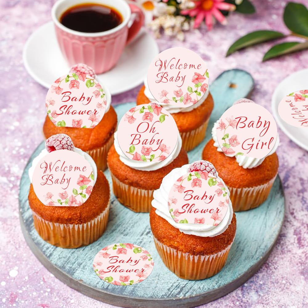 Fyeoxle 48 Pack Edible Baby Shower Cupcake Toppers Wafer Paper Floral Oh Baby Wecome Baby Cupcake Picks Greenery Frames Baby Gir