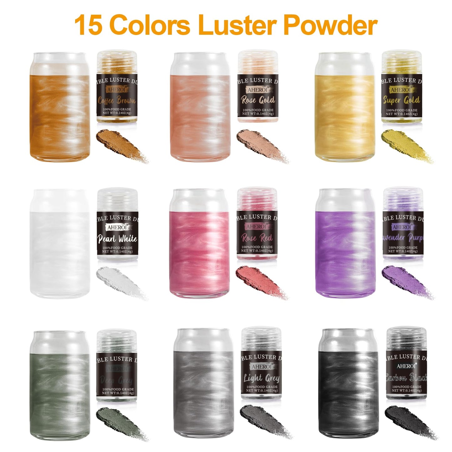 Aheroi Edible Glitter Set, 15 Colors Luster Dust, Shimmering Powder for Cakes, Cookies, 4g/0.14oz, Multicolor-Style2