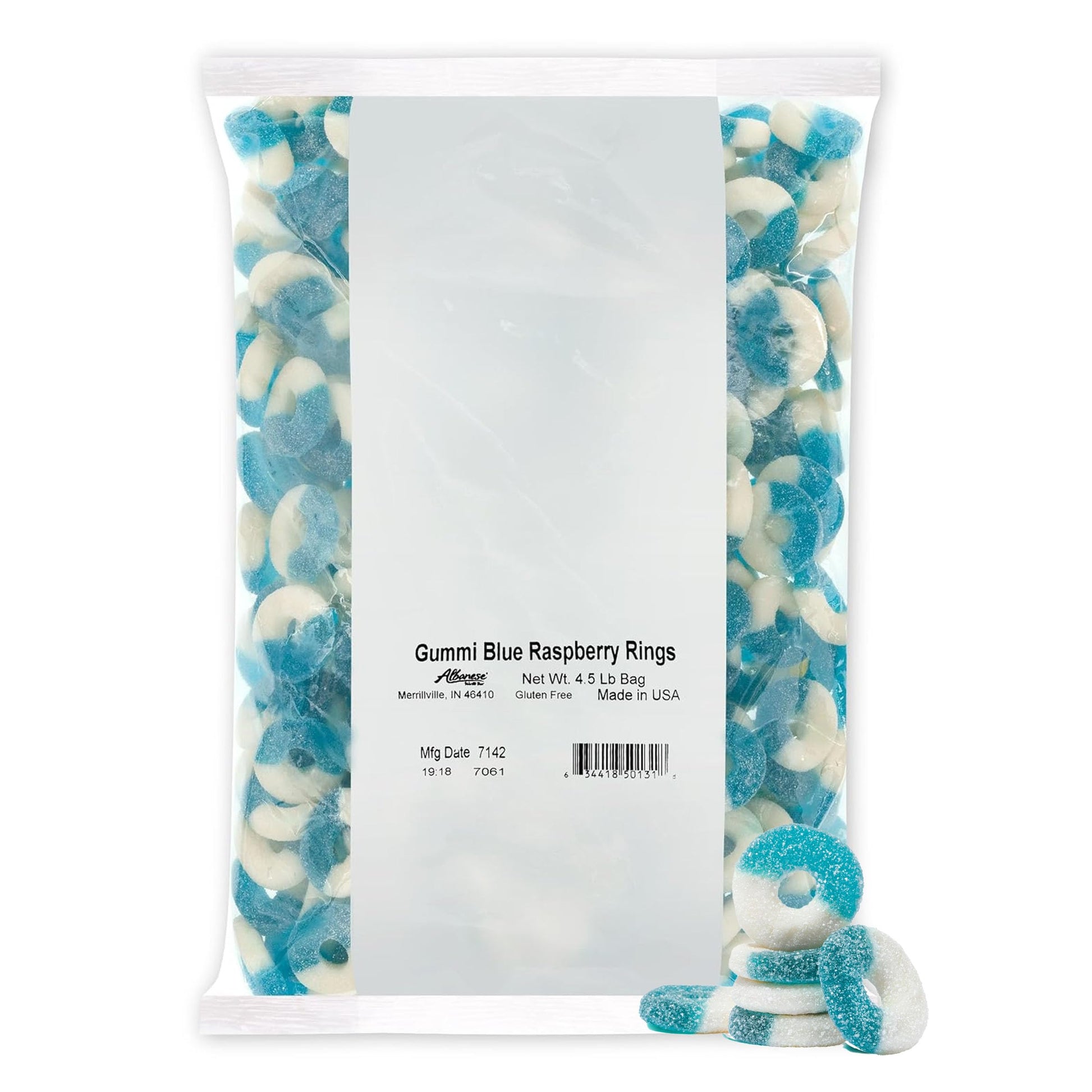 Albanese Gummi Blue Raspberry Rings, 4.5 lbs of Candy, Blue and White, Model 50131