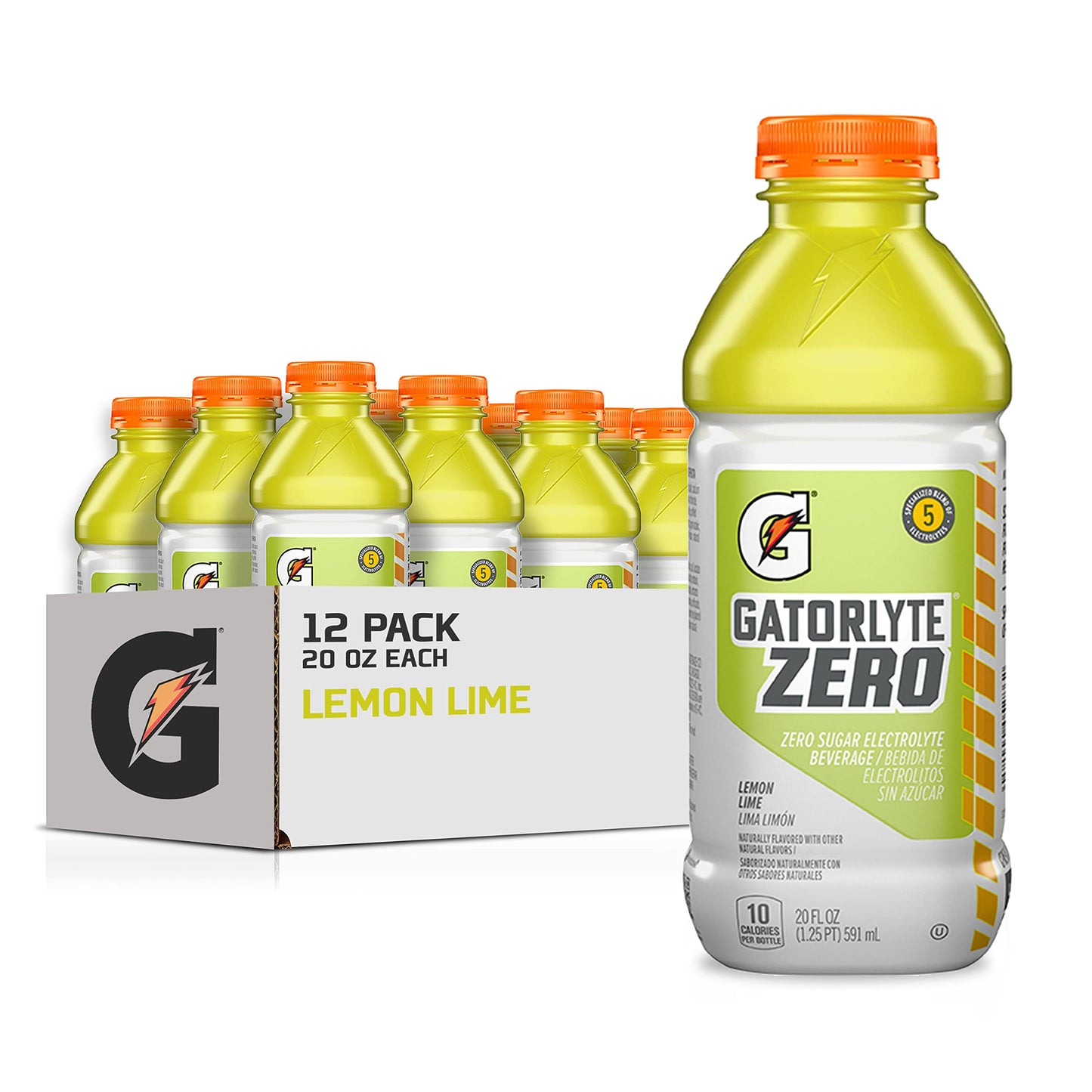 Gatorlyte Zero Electrolyte Beverage, Lemon Lime, Zero Sugar, 5 Electrolytes, 20 Fl Oz Bottles, Pack of 12 - No Artificial Sweeteners
