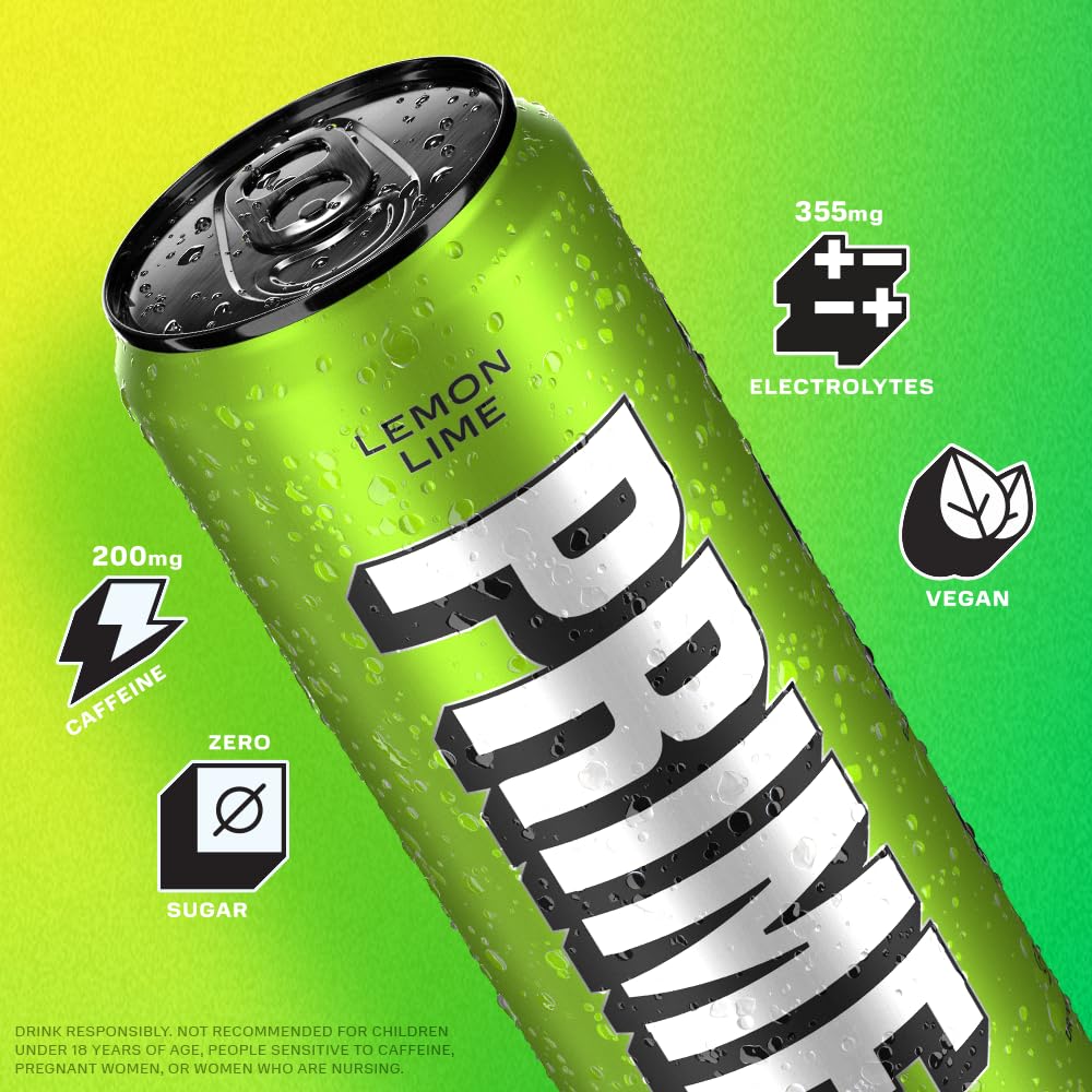 PRIME HYDRATION Energy Drink | Zero Sugar | 200mg Caffeine | 355mg Electrolytes | 12oz | 24 Pack