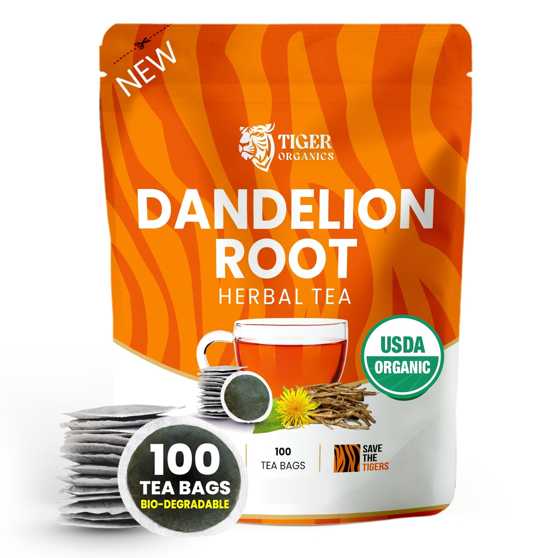 Tiger Organics Dandelion Root Tea - 100 Biodegradable Teabags, Caffeine-Free, USDA Organic Certified, 100 Count