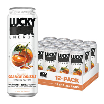 Lucky Energy Sugar Free Energy Drink, Pack of 12 Cans, 19.2 Fl Oz, Orange Drizzle, 200mg Caffeine, Ginseng, Taurine, Beta-Alanine