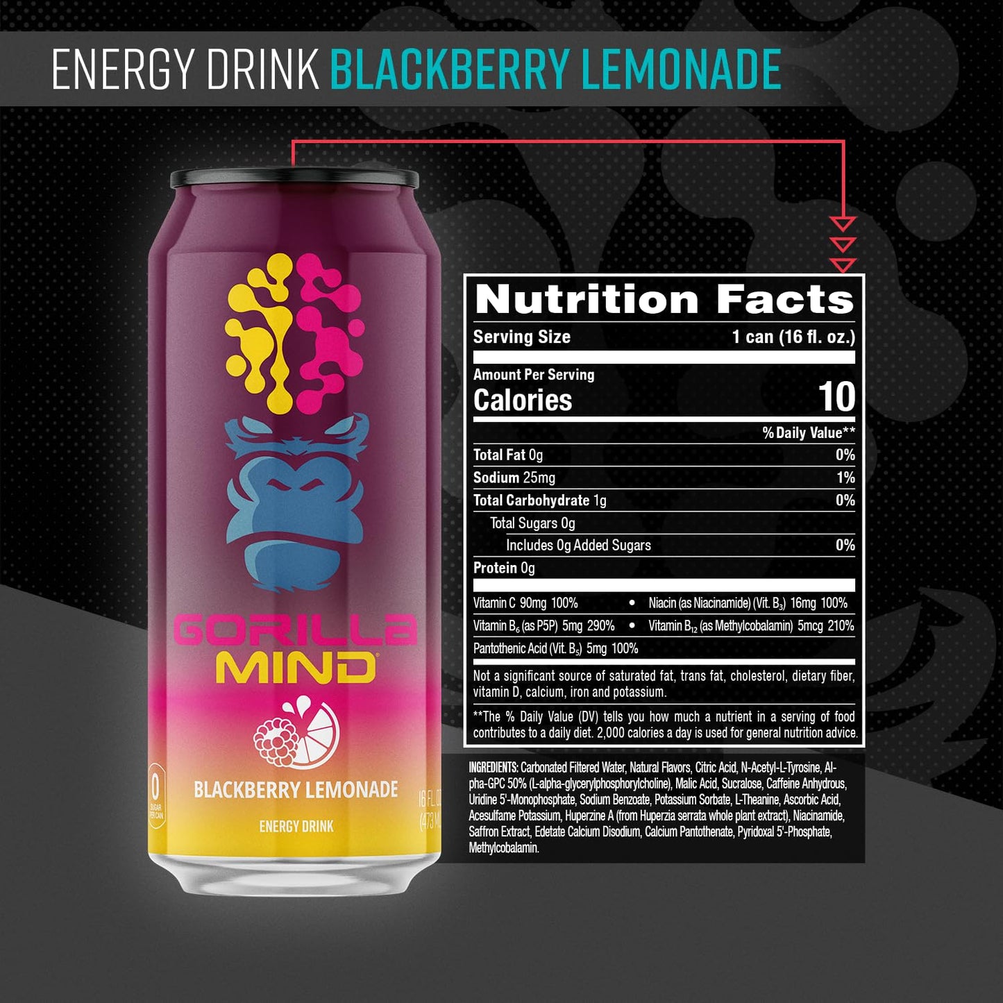 Gorilla Mind Energy Drink | Unmatched Energy  Amplified Focus | N-Acetyl-L-Tyrosine  Alpha-GPC  200mg Caffeine  Uridine  Saffron | 0 Sugar Or Artificial Colors | 16oz  12-Pack (Blackberry Lemonade)