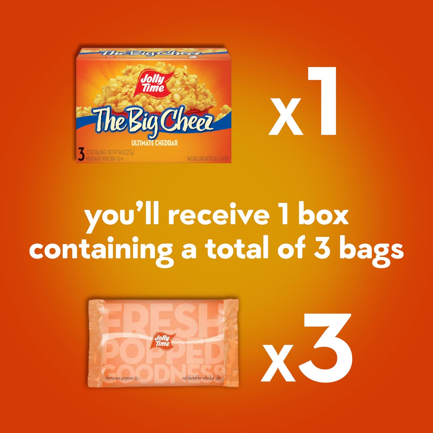 Jolly Time The Big Cheez, Cheddar Cheese Microwave Popcorn, 3.2oz Sharing Bag, 3 Bags Per Carton (The Big Cheez, 3.2 Ounce (Cart