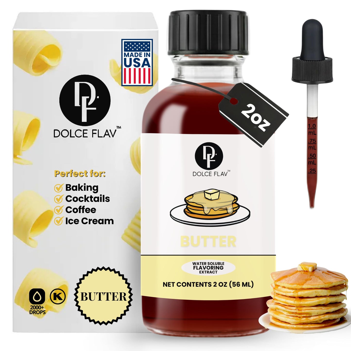 Dolce Flav Butter Extract - 2 Ounce Water-Soluble Kosher  Sugar-Free  Concentrated Inspired Design Butter Flavor For Baking  Cookies & Frostings  Includes Measured Dropper