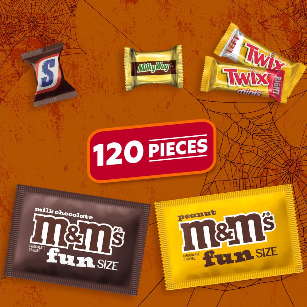 M&M'S Milk Chocolate, M&M'S Peanut, Snickers, Twix & Milky Way Milk Chocolate Fun Size And Minis Individually Wrapped Trick Or Treat Halloween Candy Variety Pack, 120 Ct Bulk Bag