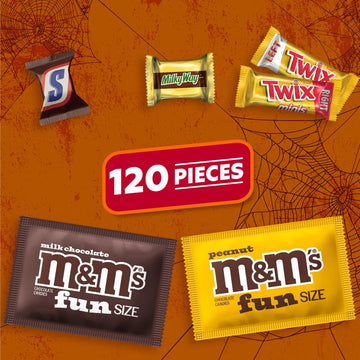 M&M'S Milk Chocolate, M&M'S Peanut, Snickers, Twix & Milky Way Milk Chocolate Fun Size And Minis Individually Wrapped Trick Or Treat Halloween Candy Variety Pack, 120 Ct Bulk Bag