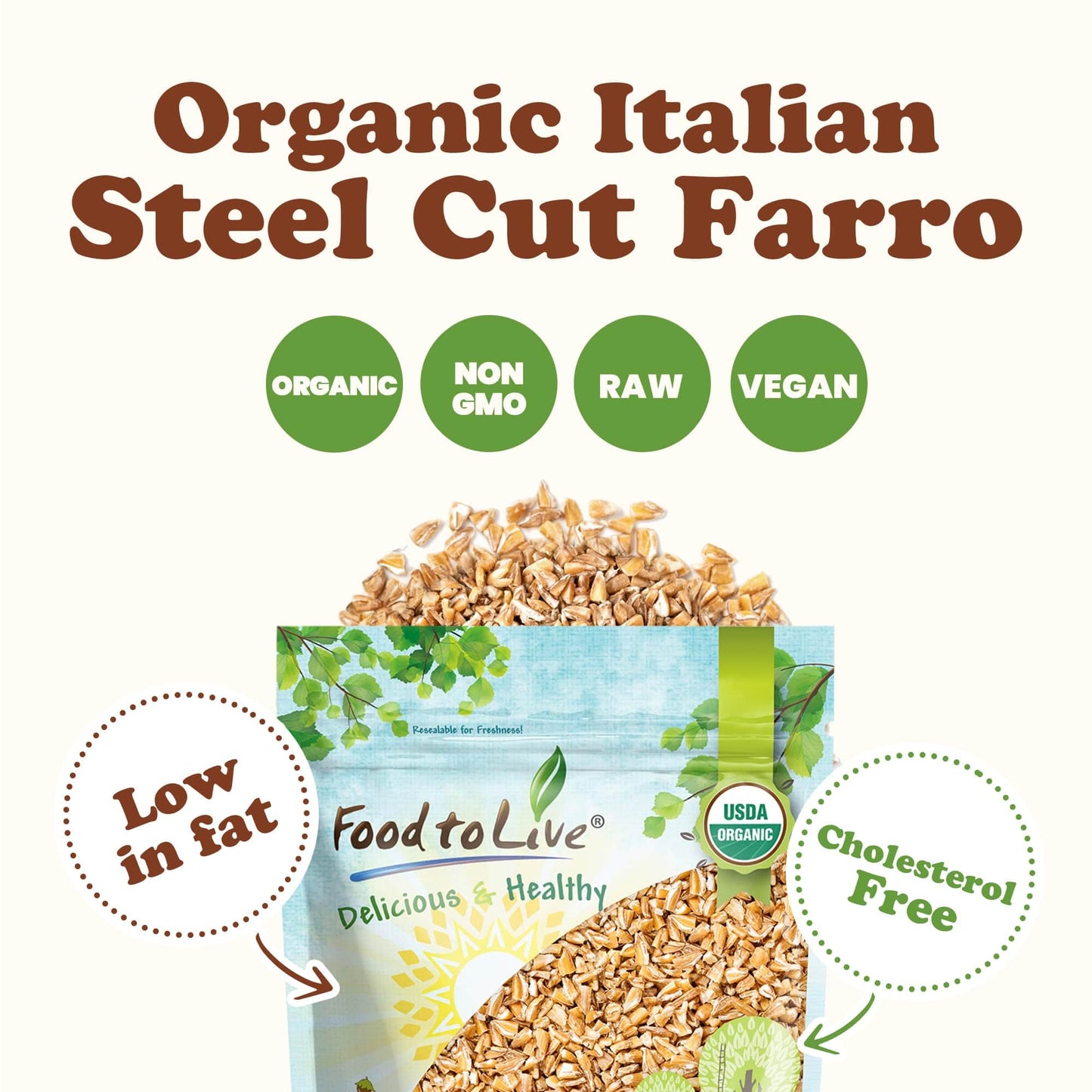 Food To Live Organic Italian Steel Cut Farro, 1.5 Pound - Non-Gmo, Cracked Pearled Wheat Grain, Non-Irradiated, Vegan, Bulk. Eas