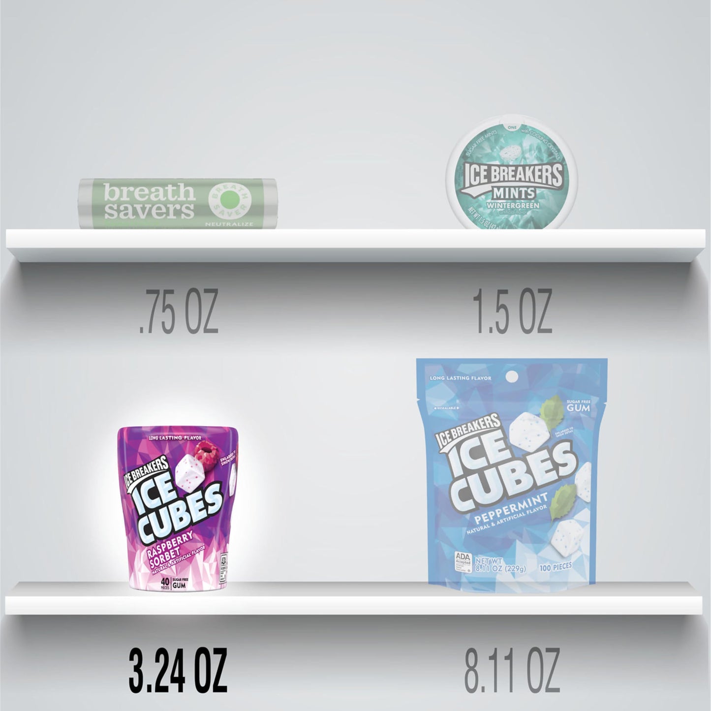ICE BREAKERS Ice Cubes Raspberry Sorbet Sugar Free Chewing Gum Bottles, 3.24 oz (6 Count, 40 Pieces)