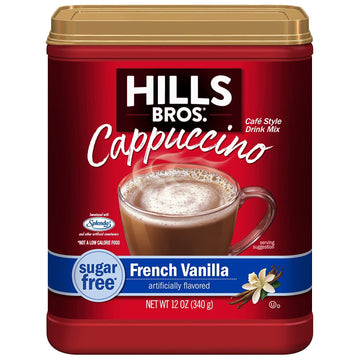 Hills Bros. Instant Cappuccino Mix, Sugar Free French Vanilla (12 Oz, Pack Of 1) – Convenient And Versatile, Instant Hot Or Iced Coffee, Frothy & Rich Vanilla Flavor - Just Add Water