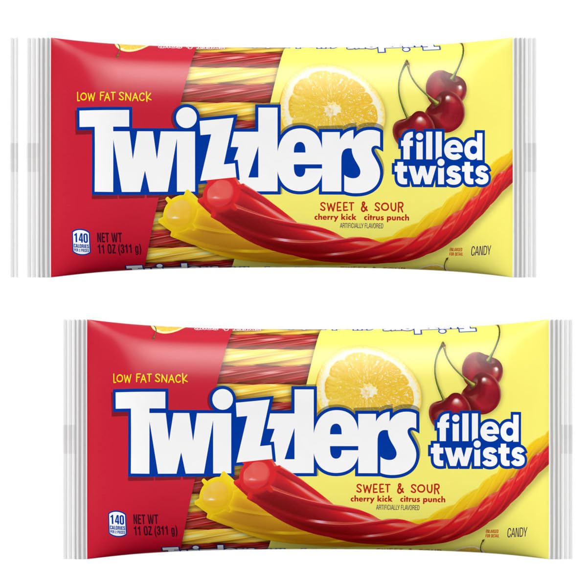 Sweet & Sour Flavored Filled Twists, 11 Ounce Bag (2 Pack), Licorice Candy, Cherry & Citrus Flavors, The Hampton Candy Company