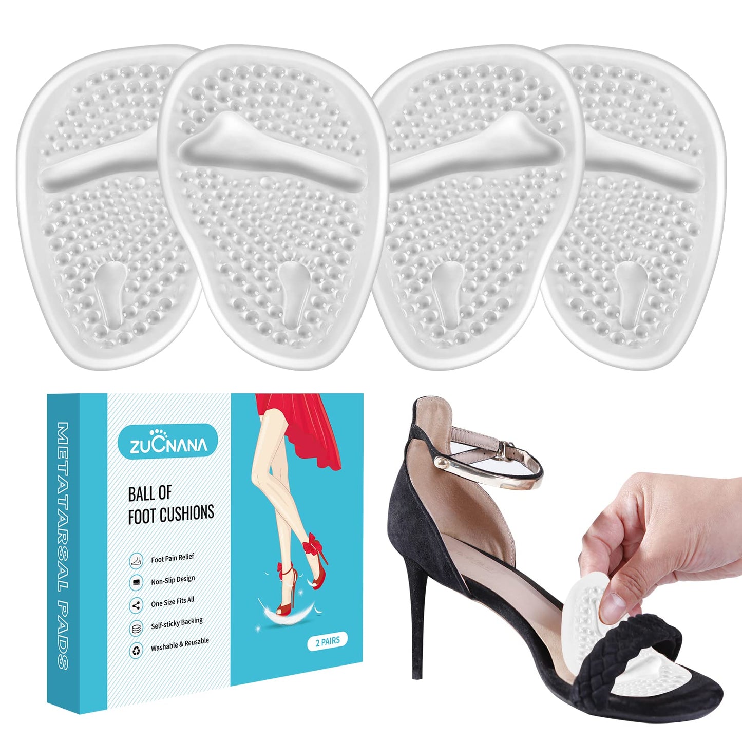 Metatarsal Pads (2 Pairs Shoe Inserts Women) | Soft Gel High Heel Inserts | Invisible Ball Of Foot Cushions For Women Foot Pain 
