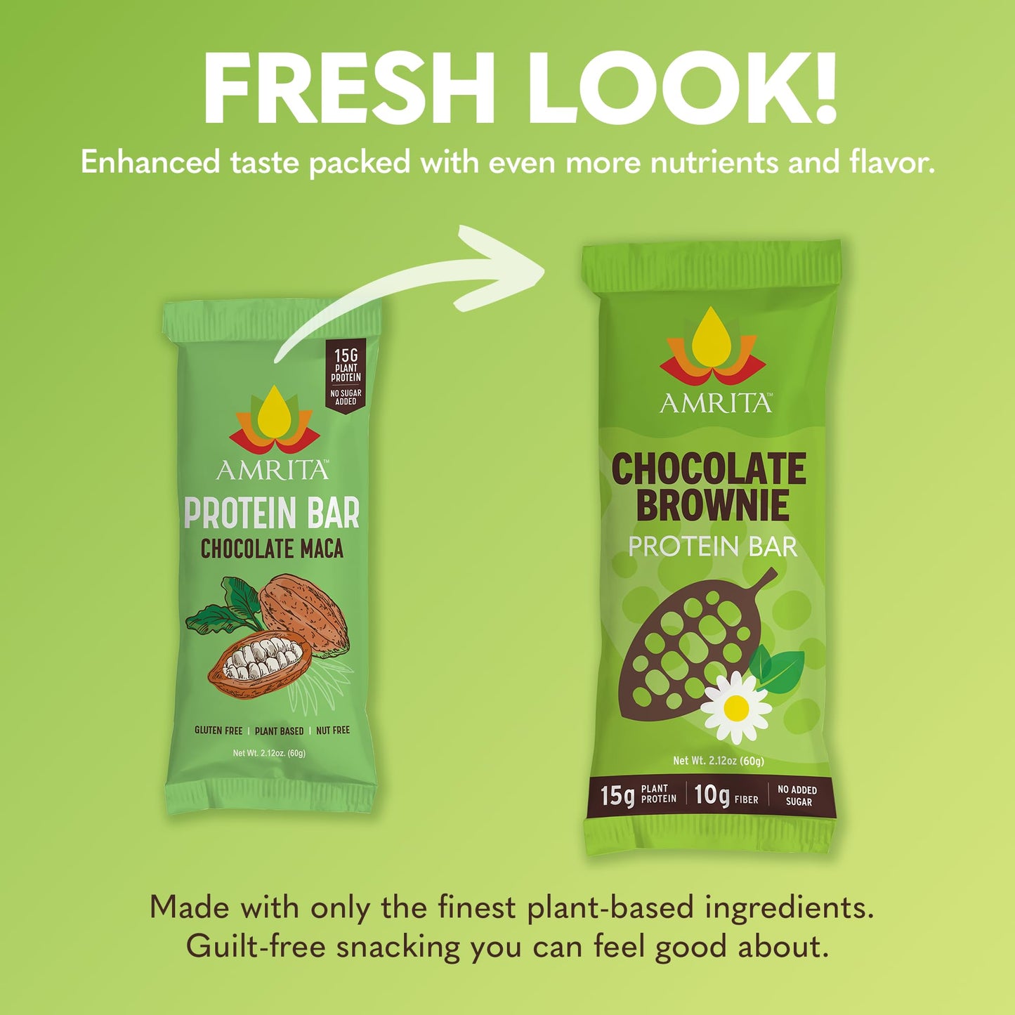Amrita Chocolate Brownie Vegan Protein Bars - 15g Plant Based Protein, Gluten Free, 12 Count Pack