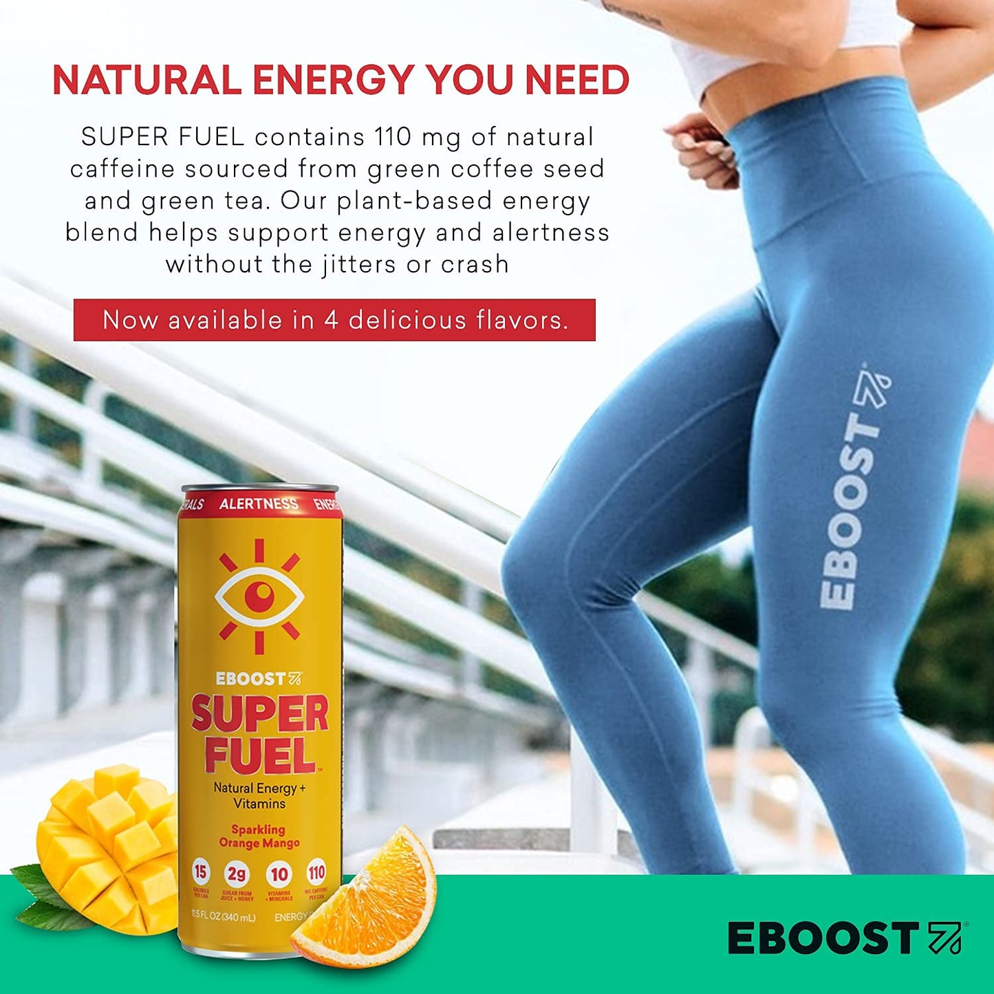 Eboost Super Fuel Healthy Energy Drink - Caffeine From Natural & Clean Ingredients For Focus And Productivity -Taurine Free Pre-Workout With Electrolytes, Nootropic & Vitamins - Orange Mango, 12 Pack