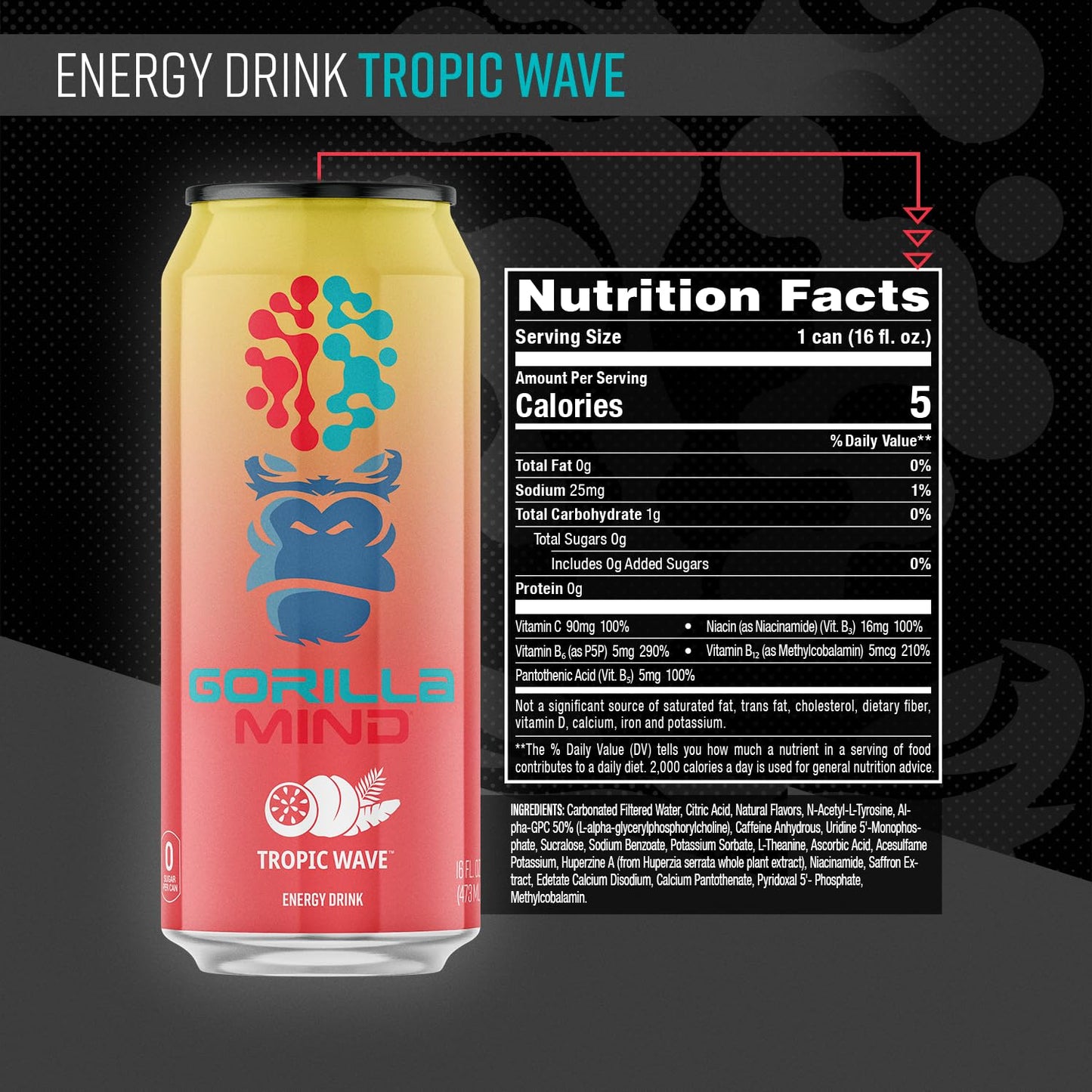 Gorilla Mind Energy Drink | Unmatched Energy  Amplified Focus | N-Acetyl-L-Tyrosine  Alpha-GPC  200mg Caffeine  Uridine  Saffron | 0 Sugar Or Artificial Colors | 16oz  12-Pack (Tropic Storm)