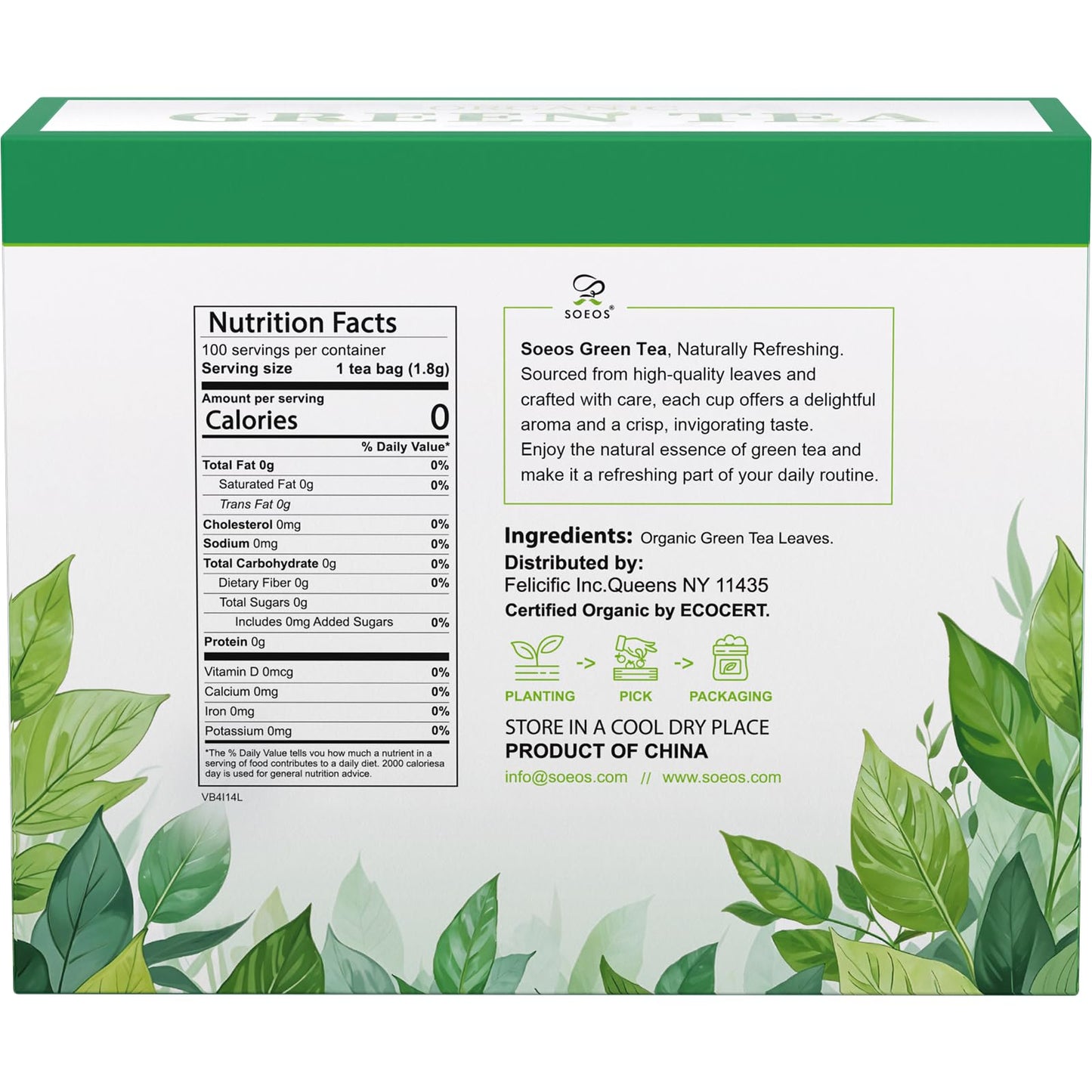 Soeos Organic Green Tea, Caffeinated, 100 Tea Bags, 6.3 Ounce, Fresh and Healthy